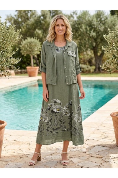 Punta Otantik Yg16001 Italian Daisy Patterned Strappy Linen Dress Jacket Set ...