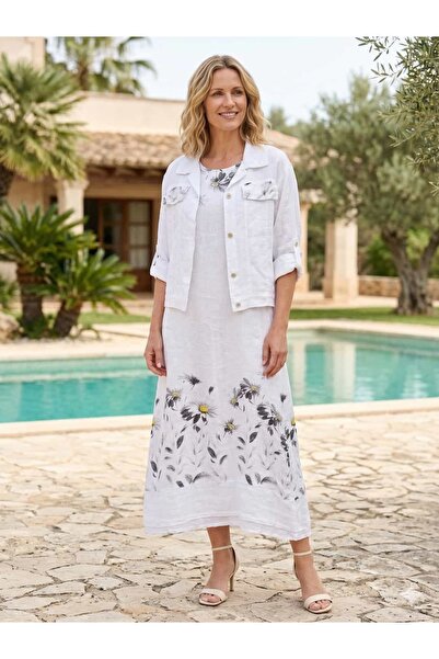 Punta Otantik Yg16001 Italian Daisy Patterned Strappy Linen Dress Jacket Set ...