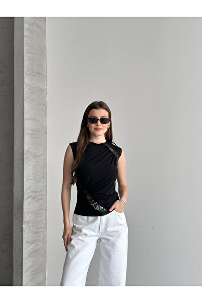 solena sln Γυναικεία μπλούζα με λαιμόκοψη ποδηλάτου, αμάνικη, με δαντέλα και ...