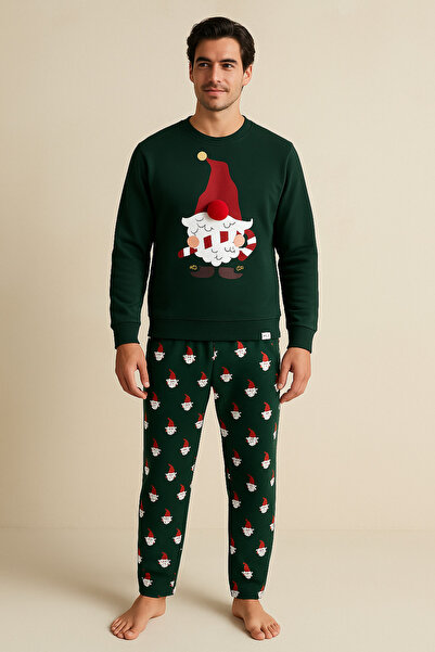 Katia&Bony Men's Santa Claus Christmas Themed Sweatshirt Pajama Top Green