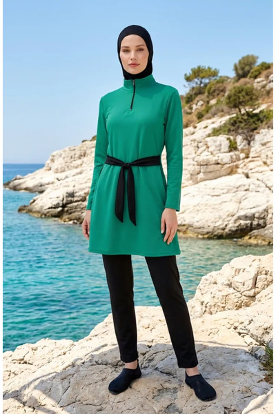 sefamerve Half Collar Zippered Hijab Swimsuit 2600-02 Green