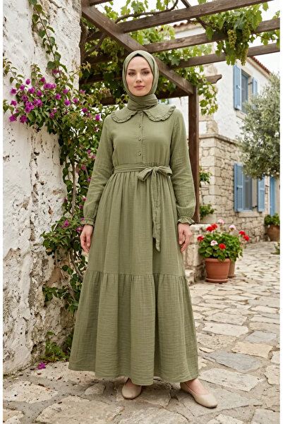 sefamerve Muslin Fabric Ruffle Collar Belted Waist Dress 0253-02 Olive Green