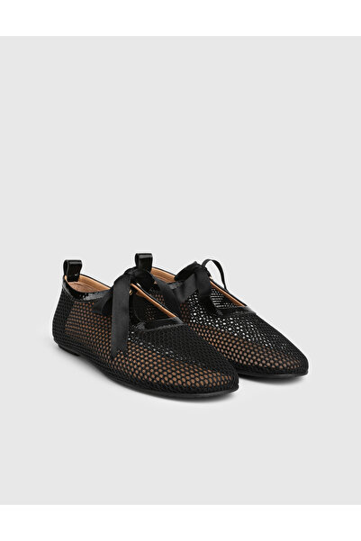 İLVİ Kora Hakiki Rugan Deri File Detaylı Siyah Kadın Oxford Ayakkabı