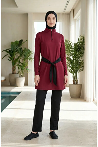 sefamerve Half Collar Zippered Hijab Swimsuit 2600-01 Claret Red
