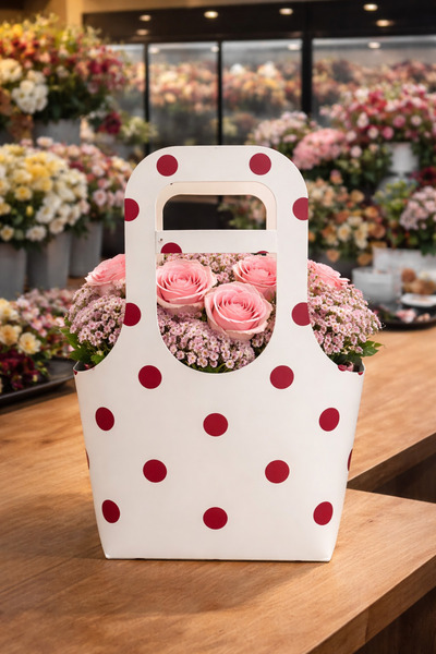 weloveis Çiçek Taşıma Çantası - Bordo Puantiye Desenli - 5 Adet