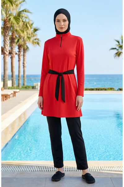 sefamerve Half Collar Zippered Hijab Swimsuit 2600-03 Red
