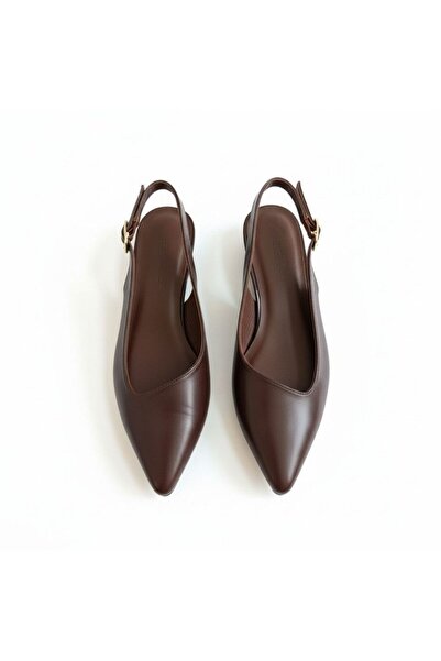 NE&VE SHOES Καφέ δερμάτινες γυναικείες μπαλαρίνες με μυτερή αγκράφα