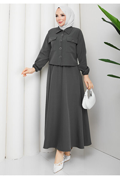 RAZENCİ طقم حجاب (تغطية كاملة) مع قميص وتنورة بأزرار وجيوب