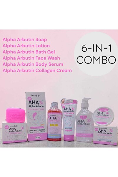 LOVE JOJO مجموعة العناية بالبشرة 6 في 1 - سيروم ألفا-أربوتين والكولاجين، لوشن...