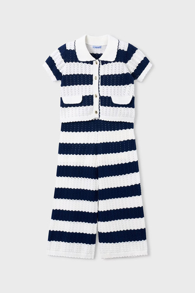 MAYORAL Момичешки комплект от раирани ажурни плетени панталони и жилетка - син