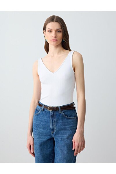 Jimmy Key Beyaz Dar Kesim V Yaka Basic Örme Atlet