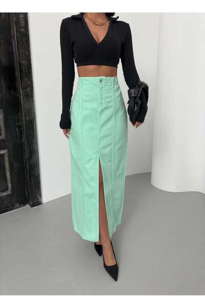 1434 Polo State Women's Aqua Green High Waist Slit Long Denim Skirt