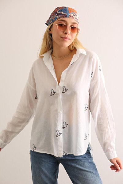 mahira collection Women's White Bird Embroidered Cotton Shirt