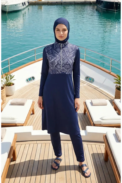 sefamerve Ethnic Patterned Lycra Hijab Swimsuit 2313-02 Navy Blue