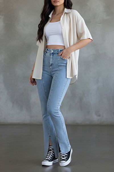 ByCukurovaFrango By-9857 High Waist Front Slit Spanish Flare Jeans