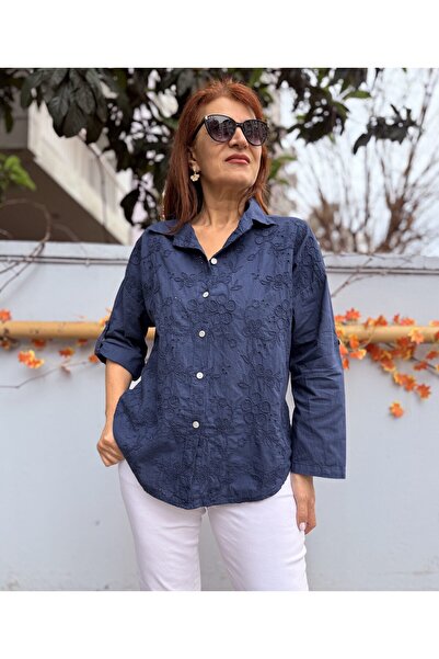 DenizEge Италианска памучна гипюрена риза с яка, тъмносиня