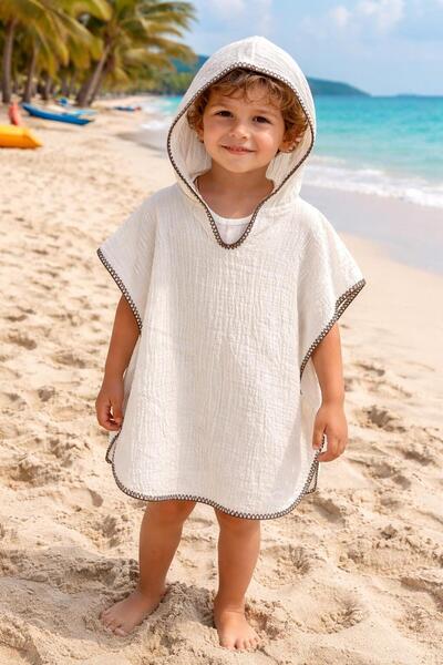 TekStilize Unisex Children's Muslin Beach Poncho Hooded Summer Sea Towel Ponc...
