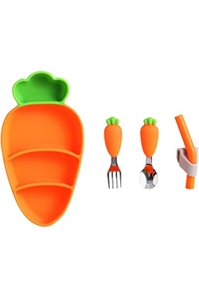 Arabest 4-Piece Carrot Plate Set with Spoon Fork Straw, Baby Feeding Supplies