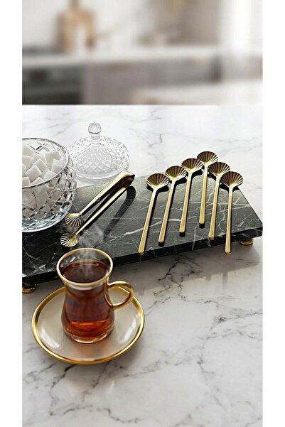 WuuQ Gold Sea Shell Design Tea Spoon Set of 6 + Tongs |   Stainless Steel Lux...