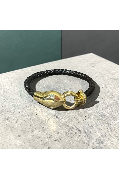 rosen accessories Altın Kaplama Yılan Başlı Siyah Örgü Deri Bileklik