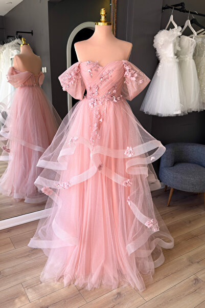 Lenta Moda Pudra Simli Gren Etekli ve Üç Boyutlu Dantel Detaylı Abiye & Nişan...