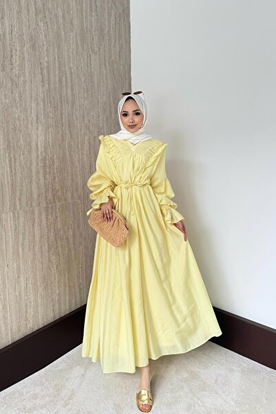 QUQA Nervürlü Modal Elbise - Sarı