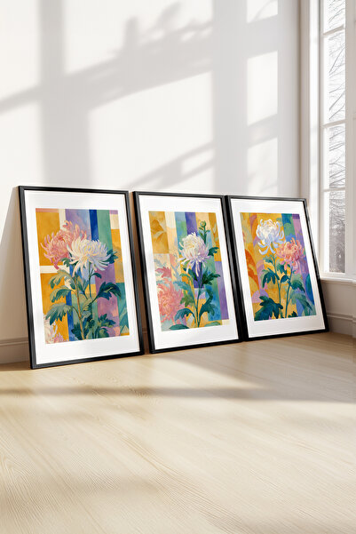 STARYUNA Μαύρο ξύλινο πλαίσιο με πολύχρωμη σύνθεση λουλουδιών Τριπλό σετ ζωγρ...