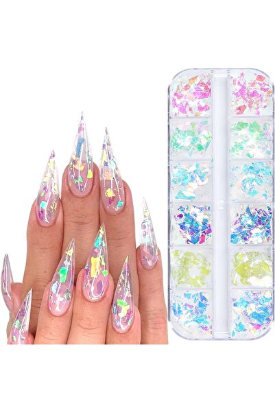 Arabest 12-Grid Iridescent Holographic Nail Art Glitter Flakes, 3D Irregular ...