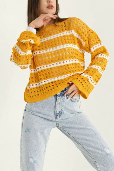 VARENZEA Women's Openwork Striped Perforated Knitwear Blouse Summer Seasonal Long Sleeve Comfortable Fit Slim Knit Sweater