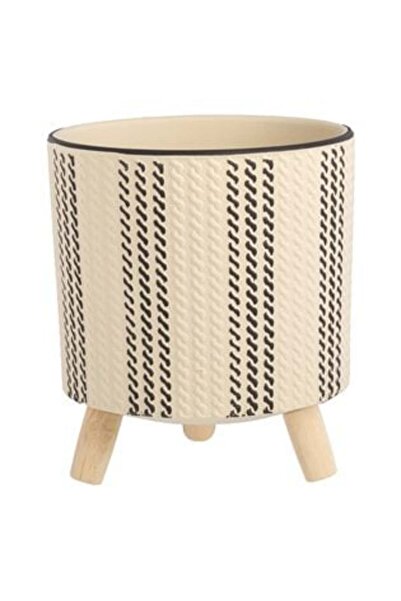 victiny Ceramic Pot Mask Beige with Black Stripe & Wooden Legs Ø14 x 14 cm - ...