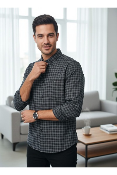 DİO Men’s Blue Checkered Shirt – Premium Slim Fit Long Sleeve Casual Formal S...