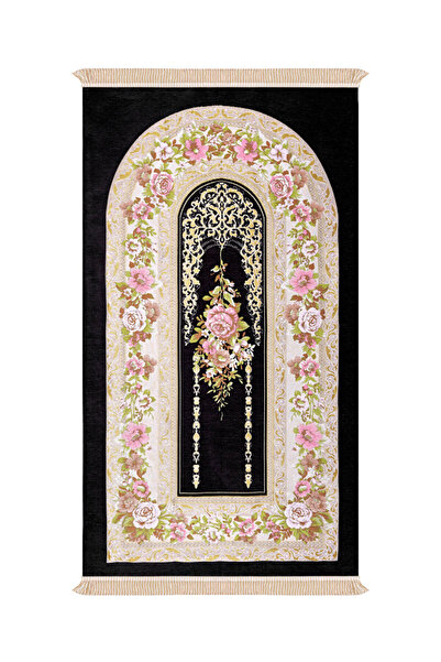 Bursa İpek سجادة صلاة سوداء بنقش محراب منقوش ومصنوعة خصيصًا