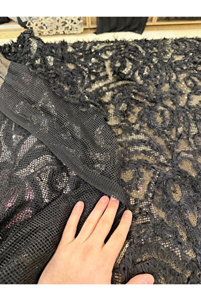 METERİAL Black Sequin Embroidered and Feathered Luxury Evening Dress Lace Fabric