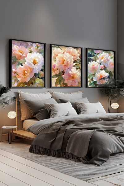 STARYUNA Σετ τριών πινάκων με θέμα τα λουλούδια με μαύρο ξύλινο πλαίσιο Ucyun...