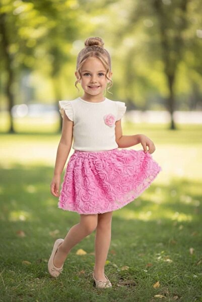 erca home GÜL ETEKLİ PEMBE VİSKON YENİ SEZON BAYRAMLIK KIZ TAKIM 2Y,3Y,4Y,5Y Kız
