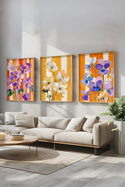 STARYUNA Wooden Framed Colorful Flowers and Orange Stripes Triple Painting Se...