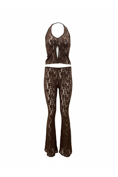 AQUELLA Tulle Lace Brown One-Shoulder Cardigan-Pants Set