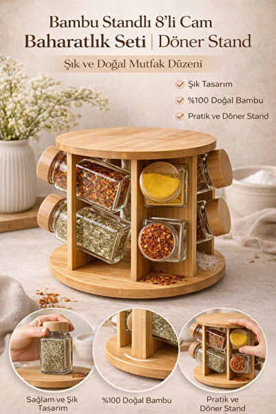DİVAYS 8-Piece Glass Spice Rack Set with Bamboo Stand, Stylish Kitchen Organi...