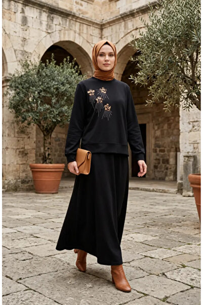 sefamerve Floral Embroidered Stoned Double Set 0255-02 Black