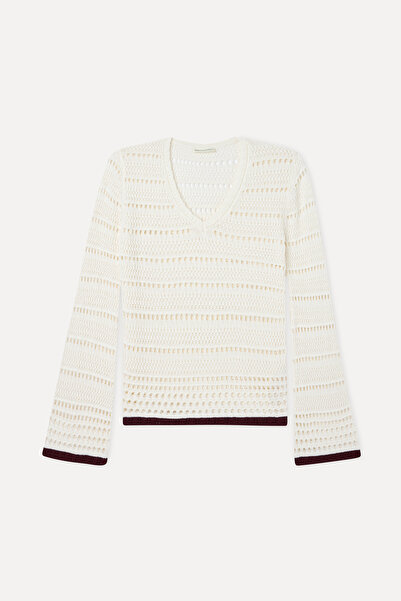 Mudo Striped Openwork Loose Fit V-Neck Sweater