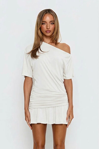 World Fashion Trends YENİ SEZON Asimetrik Kesim Drapeli Esnek Elbise