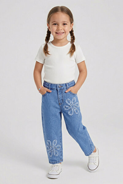 Dmb Girl's Floral Embroidered Denim Jeans