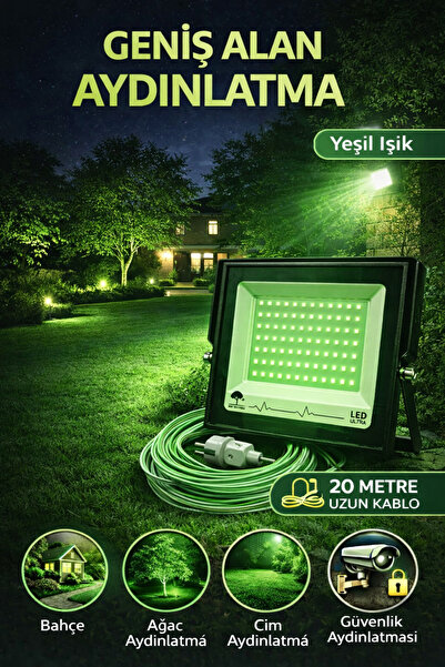 luxshome 20 Metre 50 Watt Seyyar LED Projektör Yeşil Işık Dış Mekan Su Geçirm...