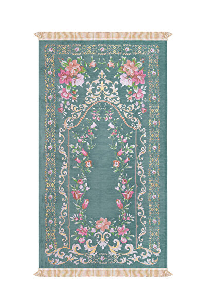 Bursa İpek Petrol Green Gülbahçe Pattern Embossed Special Woven Prayer Rug