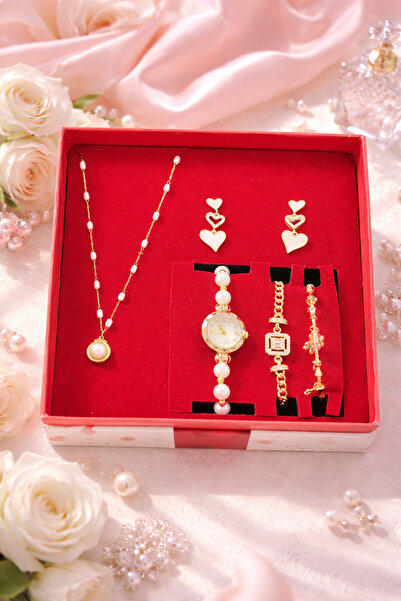 Tasarım Kadın İnci Detaylı Saatli Takı Seti – Kalp Küpe Kolye Bileklik Kombin...