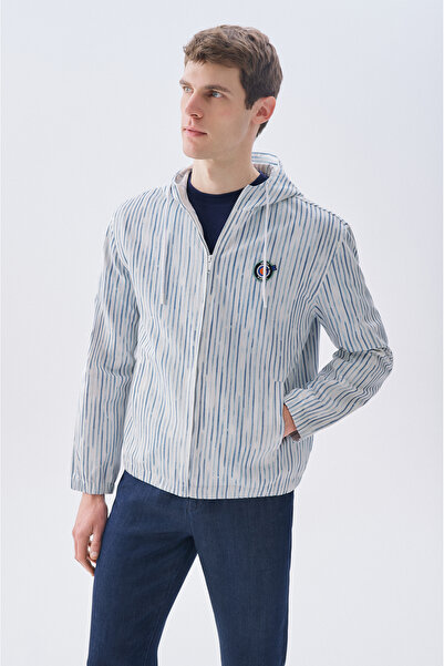 Mudo Men's Off-White Striped Zippered Hooded Jacket