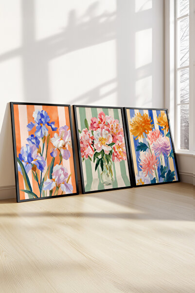 STARYUNA Μπουκέτο λουλουδιών με μαύρο ξύλινο πλαίσιο και σετ τριών πινάκων με...