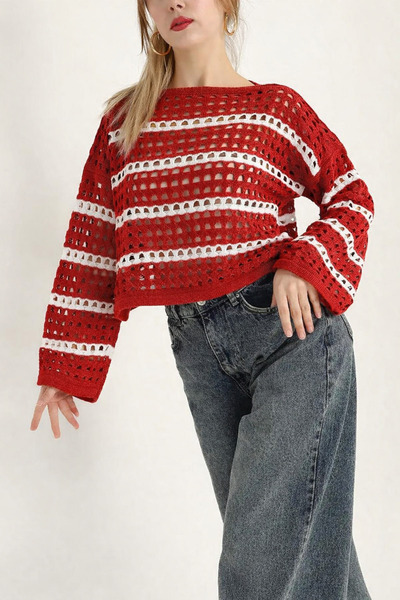 VARENZEA Women's Openwork Striped Perforated Knitwear Blouse Summer Seasonal Long Sleeve Comfortable Fit Slim Knit Sweater