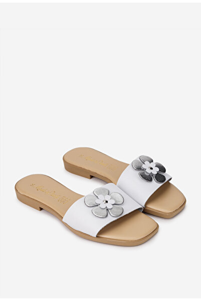 Dasha Sandale dama albe din piele naturala cu ornament model tip papuc