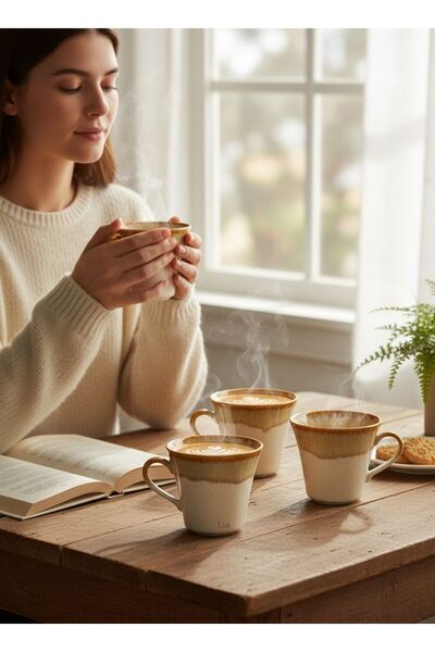 Lia Porselen 4'lü Çay ve Kahve Kupa seti 8x8 cm Kahverengi Akıtma file 150 ml